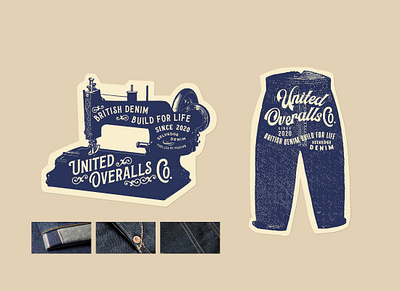 Stickers Design for United Overalls Co. denim design identity illustration jeans lettering logo retro selvedge sewing machine sticker typeface typography vintage