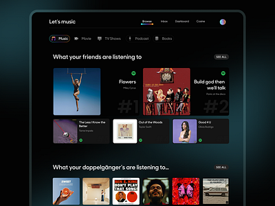 Design Concept for Content Discovery Web app | Music & Movies appdesign apple music artists books content discovery dailyui dark mode dark theme illustration music music trending songs top list spotify trends ui uidesign userexperience userinterface uxdesign web application