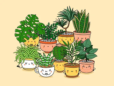 Plants set cartoon character cute doodle ficus home plant illustration kawaii monstera palm plant pot set succulent