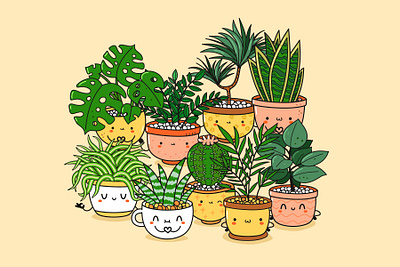 Plants set cartoon character cute doodle ficus home plant illustration kawaii monstera palm plant pot set succulent