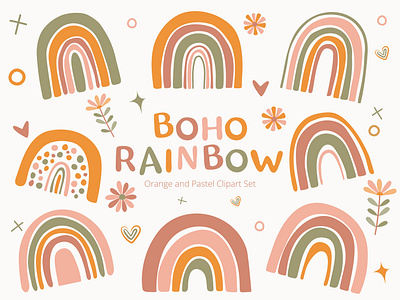 Boho Rainbow Clipart Set clipart digital art graphic design illustration nursery illustration procreate
