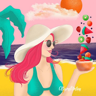 Summer Day and Fruit Salad beach day character design design digital portrait drawing challenge female illustrator fruit fruit salad hand drawn illustration procreate seaside summer vibes
