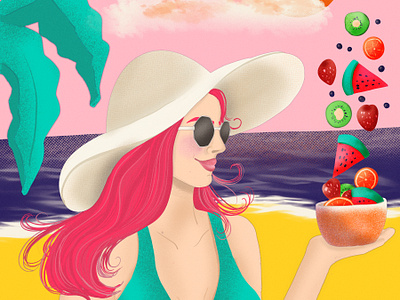 Summer Day and Fruit Salad beach day character design design digital portrait drawing challenge female illustrator fruit fruit salad hand drawn illustration procreate seaside summer vibes