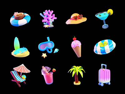 Summer 3D Pack 3d 3d animation 3d art 3d icon animation blender coconut corals hat ice cream icon icons pack illustration lemonade palm suitcase summer summer illustration sunglasses surfing