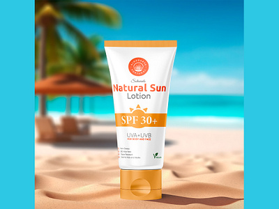 Natural Sun Lotion Label Design design face wash illustration illustrator label design lotion mockup packaging design photoshop product design spf sun protection sunscreen trending tube ui