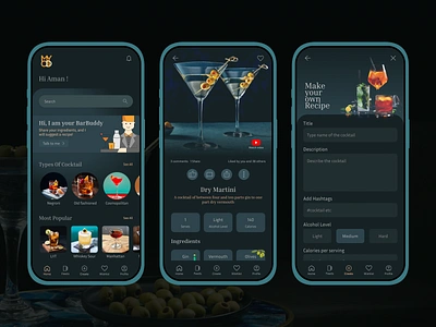 MYOD ( Make your own drink ) alcohol app appdesign bar beverages cheers cocktail dark darktheme design drinks happyhour mixology nightmode ui ux