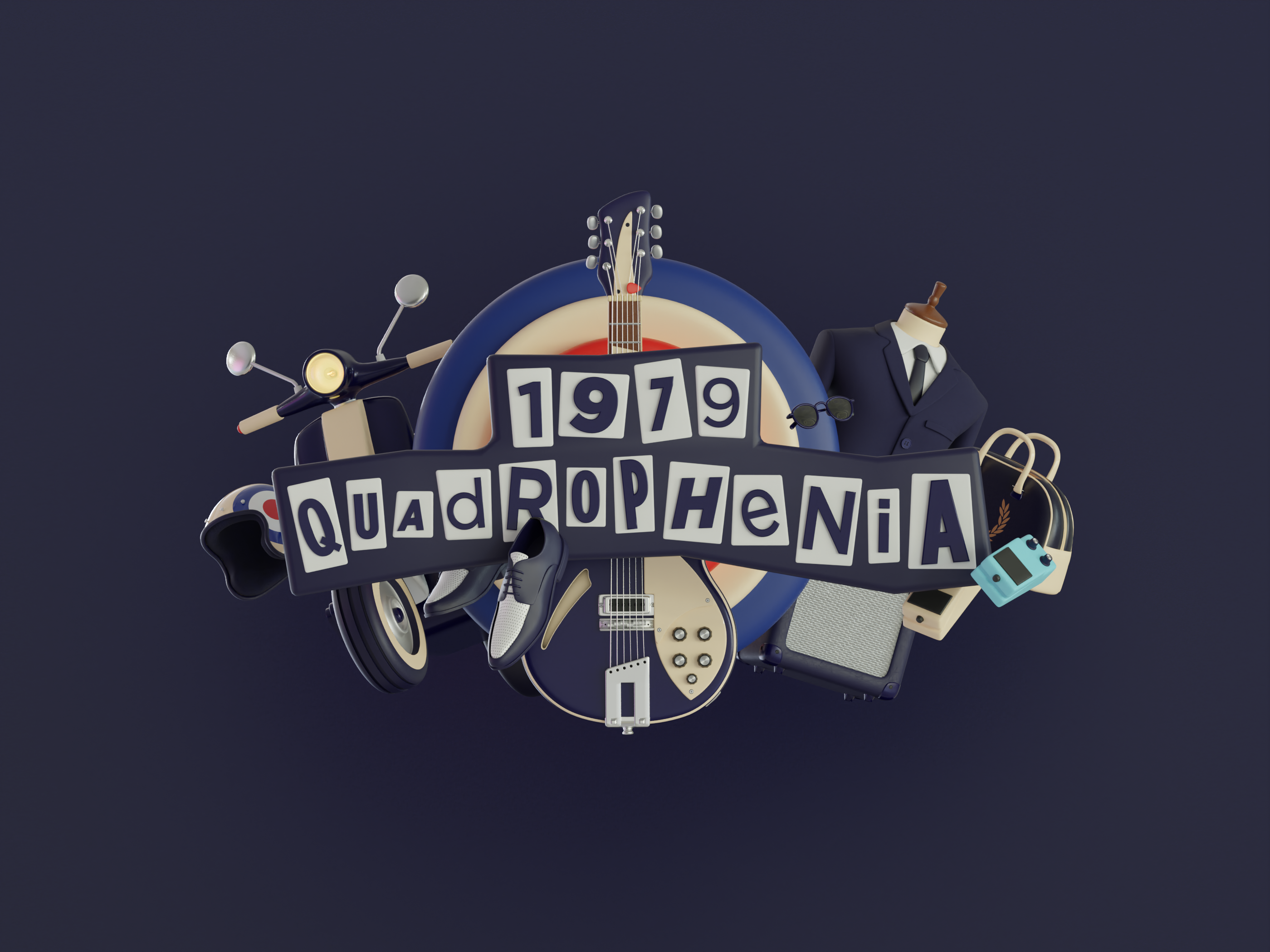 Quadrophenia 3d 3d art 3d design 3d illustration amp app c4d fasion guitar helmet illustration music nft render scooter set suit target ui ux