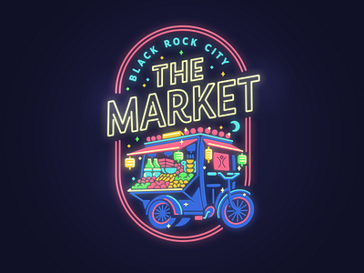 The Market brand burning man festival food cart illustration logo market neon night night market street food
