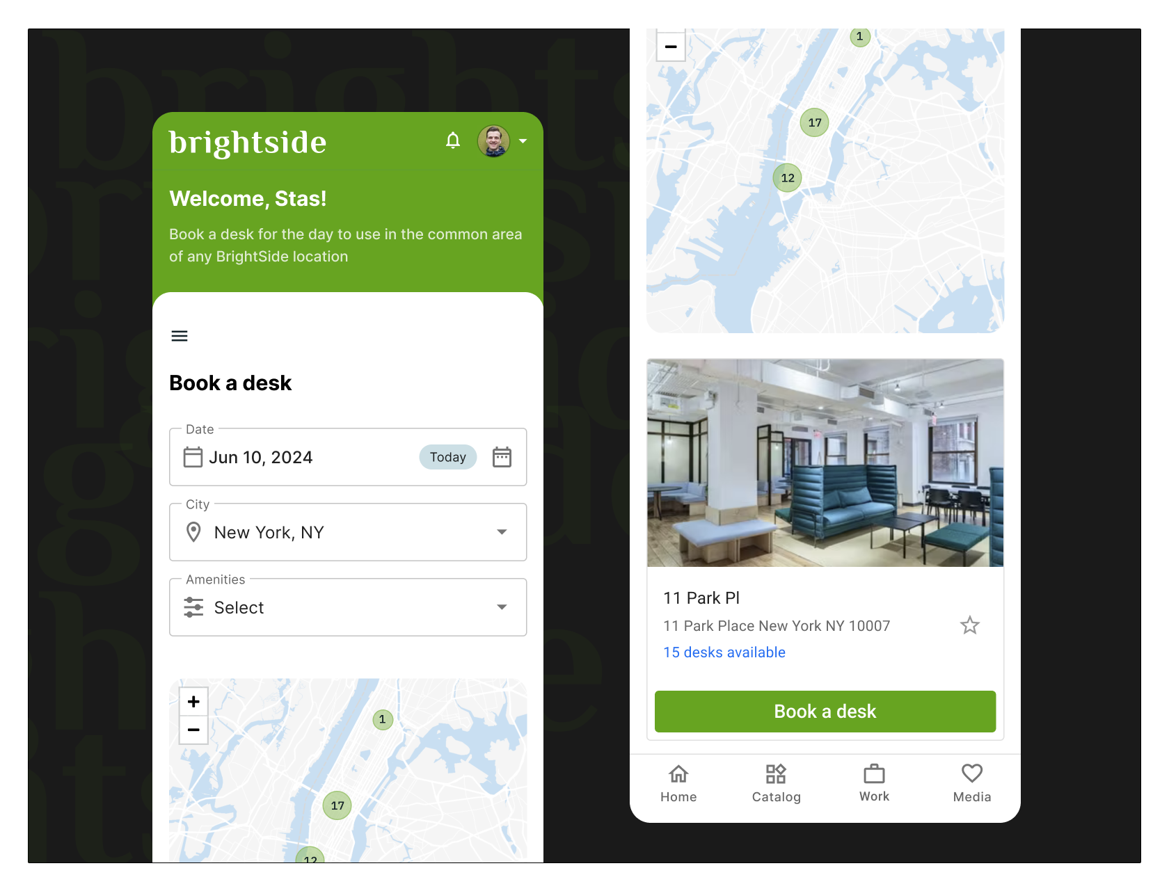 brightside is a new booking service app booking business coworking design desk global green map mobile new york nomad ny private office remote shared workspace ui user interface ux workspace