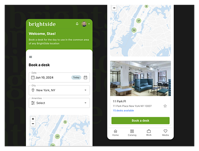 brightside is a new booking service app booking business coworking design desk global green map mobile new york nomad ny private office remote shared workspace ui user interface ux workspace