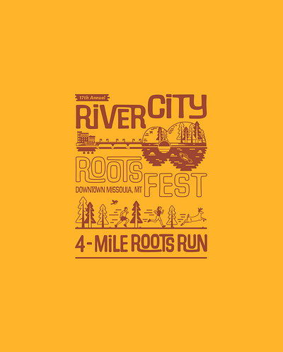 2023 Roots Run Logo animals branding cartoon festival forest graphic design illustration montana nature outdoors playful race runners running tshirt vector wild wildlife