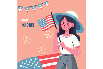 Happy Woman Holding United States Flag Illustration america background celebration concert day decoration federal festival firework flag girl holiday illustration independence parade party patriot usa vector woman
