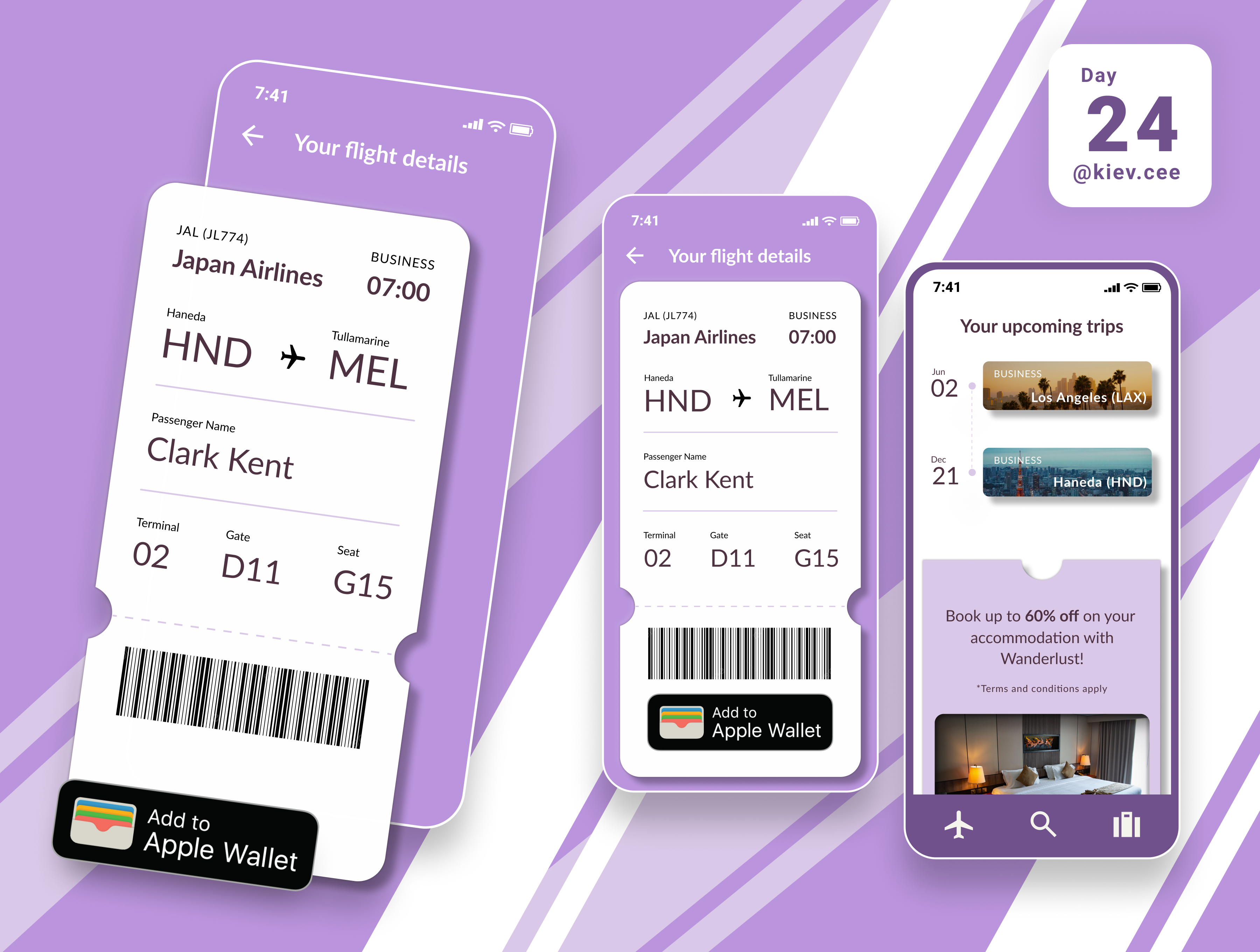 Day 24 UI Challenge: Boarding Pass app apple wallet barcode boarding pass booking daily challenge design details flight international passenger purple terminal travel travel planner ui ui design wanderlust white
