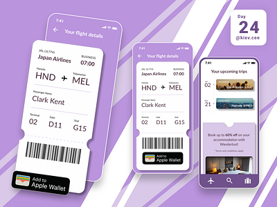 Day 24 UI Challenge: Boarding Pass app apple wallet barcode boarding pass booking daily challenge design details flight international passenger purple terminal travel travel planner ui ui design wanderlust white