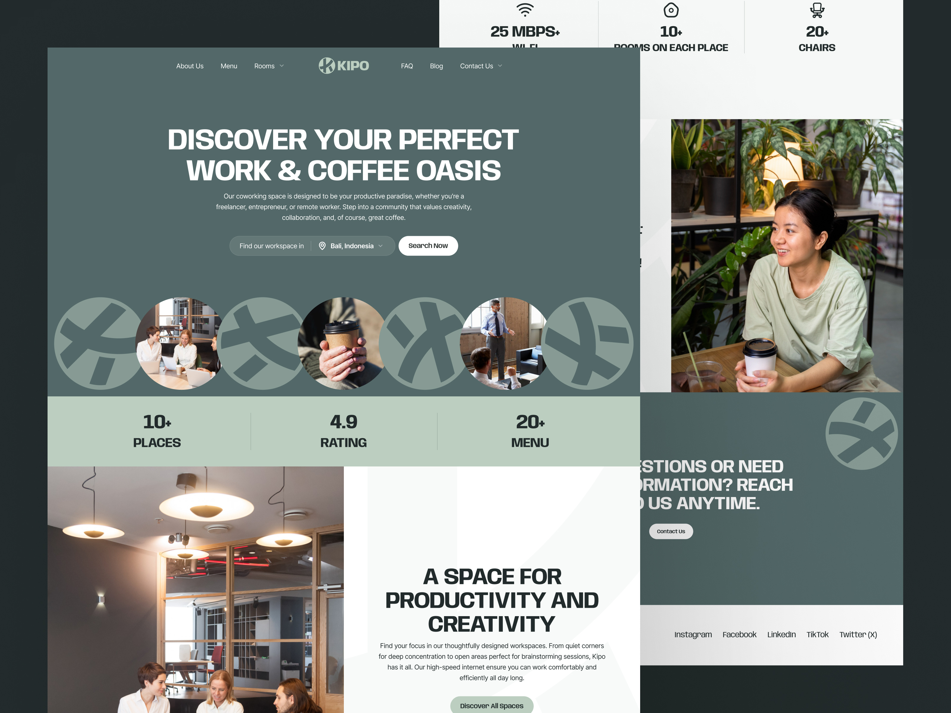 Kipo - Coworking Space Landing Page booking cafe coffee coworking design freelance green landing page office space remote rent rental ui ui design uiux web design work workspace