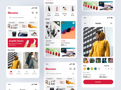 Manzana - E-Commerce App Design app baner branding clean design dress ecommerce fashion homepage marketplace mobile mockup online shop payment promos store style ui ux wishlist