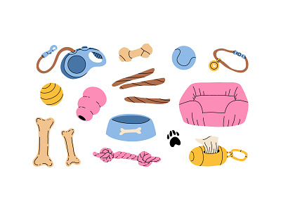 Dog accessories animal cartoon concept cute design dog flat illustration pet puppy supply toys vector
