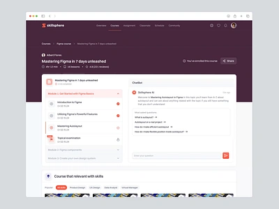 Skillsphere: E-Course Platform Dashboard Saas App - Quiz Test ai aritificial intelligence chatbot dashboard design system ecourse education elearning form input product design prototype quiz saas teaching test ui uiux ux web app