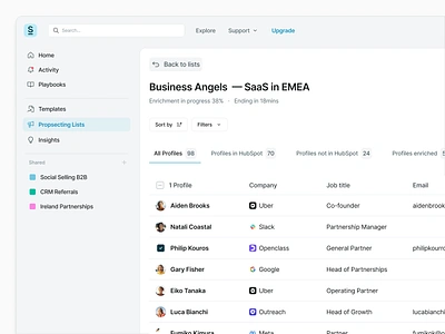 Prospecting Lists — Surfe UI add to crm app automated outreach dashboard design system enrichment filter by company filter by prospect list building list management menu outreach product app product design profile enrichment prospect saas sales tool view lists visual hierarchy