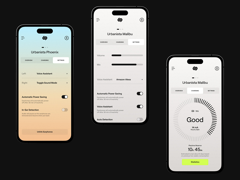 Urbanista App app battery clean design earphones flat headphones interface mobile settings solar ui ux