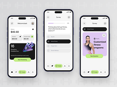 Survey Mobile App - Design Concept balance cta dashboard figma material design mobile app pastel progress bar promotion banner qna question share button statistics survey ui