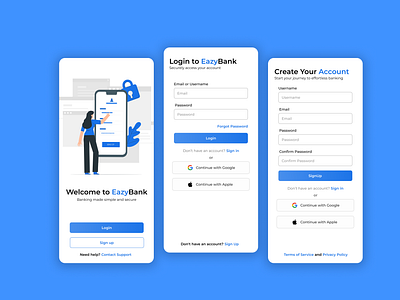 EazyBank Mobile App Design: Welcome, Login, and Signup Screens bankingapp designinspiration fintech loginscreen mobileappdesign signupscreen ui uidesign uxdesign welcomescreen
