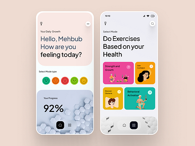 Mental Health App UI Design app design elegent app food mobile app health app health app ui health apps home screen mental app mental app onboarding mental app ui mental mobile app menu screen mobile app mobile apps modern app responsive apps stretch test app ui uiux