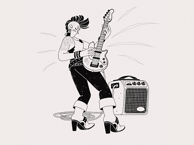 Bass amplifier bass black and white black ink cables graphic diary guitar hard music illustration mohawk scull sketch strings thin line vibration volume waves young woman