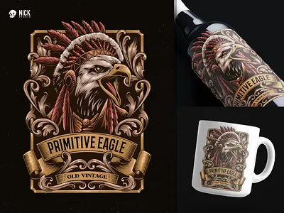 The Primitive Eagle animal illustration badge logo bird brand design branding classic design drawing eagle hand drawing hand drawn illustration merchandise old school tribal tshirt design vector vintage vintage badge wings