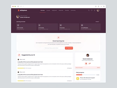 Skillsphere: E-Course Dashboard Saas App - AI Topic Search ai ai search animation artificial intelligence chatbot course dashboard ecourse education elearning input form learning motion product design prototype saas search teaching uiux web app