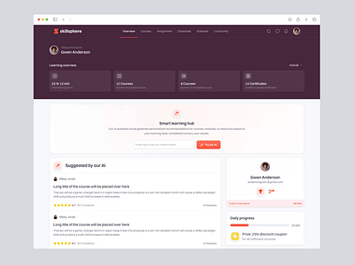 Skillsphere: E-Course Dashboard Saas App - AI Topic Search ai ai search animation artificial intelligence chatbot course dashboard ecourse education elearning input form learning motion product design prototype saas search teaching uiux web app