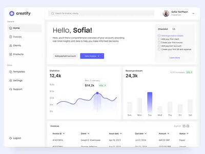 Freelancing App Dashboard app bar chart chart clean dashboard data design freeelance invoice sidebar table ui ui elements user interface ux