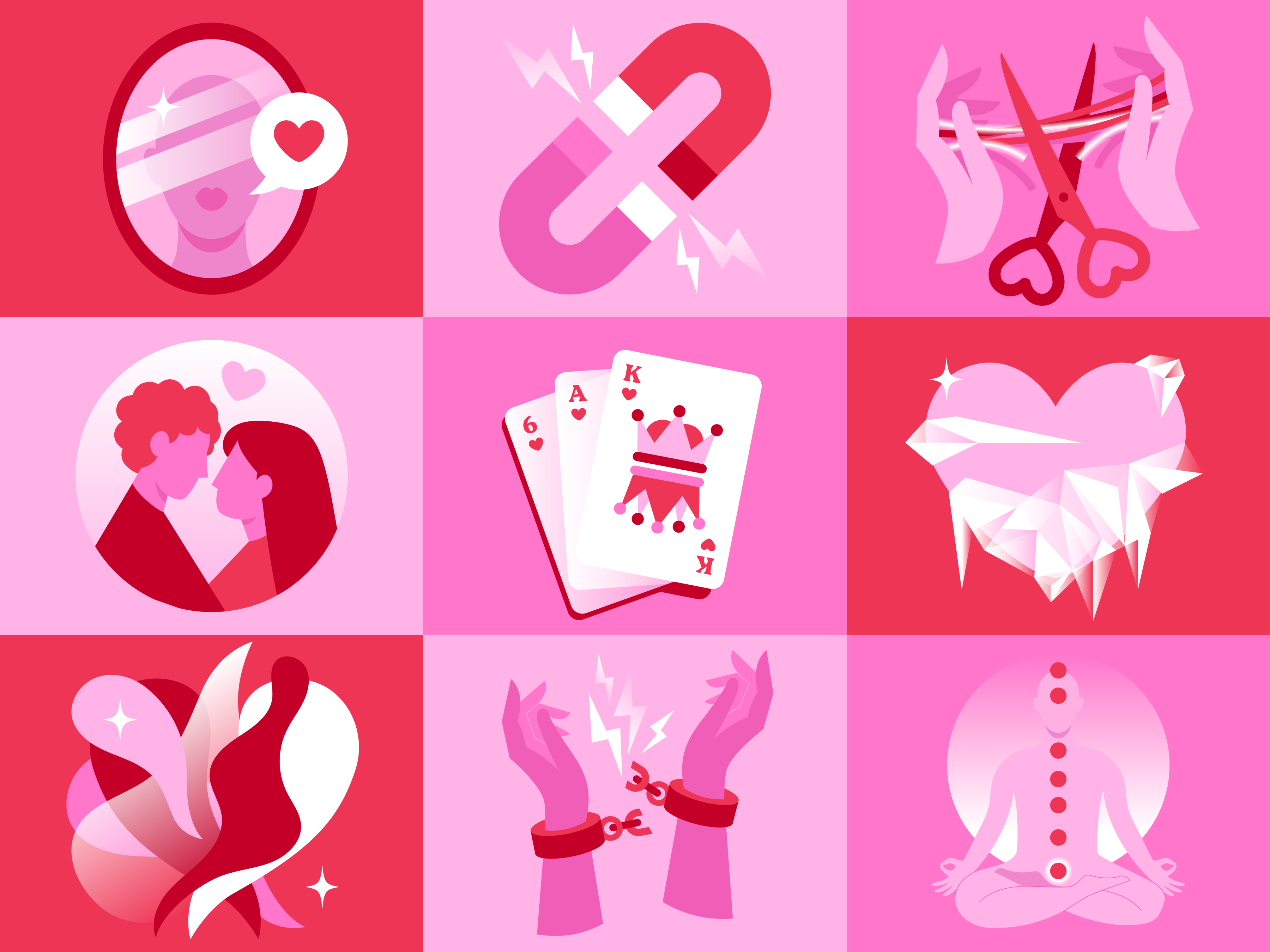 lovecode illustrations set abundance cards chakra coach couple hands heart illustration love magnet manifestation meditation mirror pink red scissors self love spirit therapist website