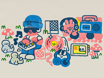 Lofi pattern for music label audio boy cartoon cute design doodle fun headphones hiphop illustration japanese kawaii lofi music mooshroom player riso smiski vinyl