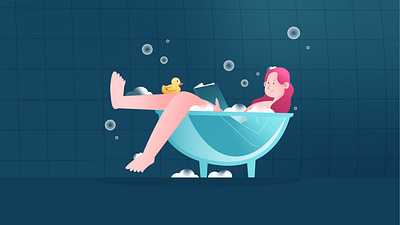 Bath art bath bathing book bubbles character design flat illustration girl illustration relax rubber duck vector