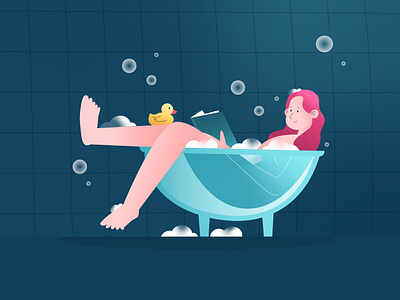 Bath art bath bathing book bubbles character design flat illustration girl illustration relax rubber duck vector