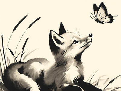 Digital Brush 06 - A tale of a fox and a butterfly adhuriink blackink design digital art fineart illustration inkpainting japaneseart japaneseculture japaneseink minimalist motivation story sumi e traditionalart watercolor zenart