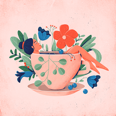 Floral Tea, Relaxing with Tea and Flowers adobe illustrator bath character character design cup design floral flowers illustration photoshop red flower relax summer tea tea time texture