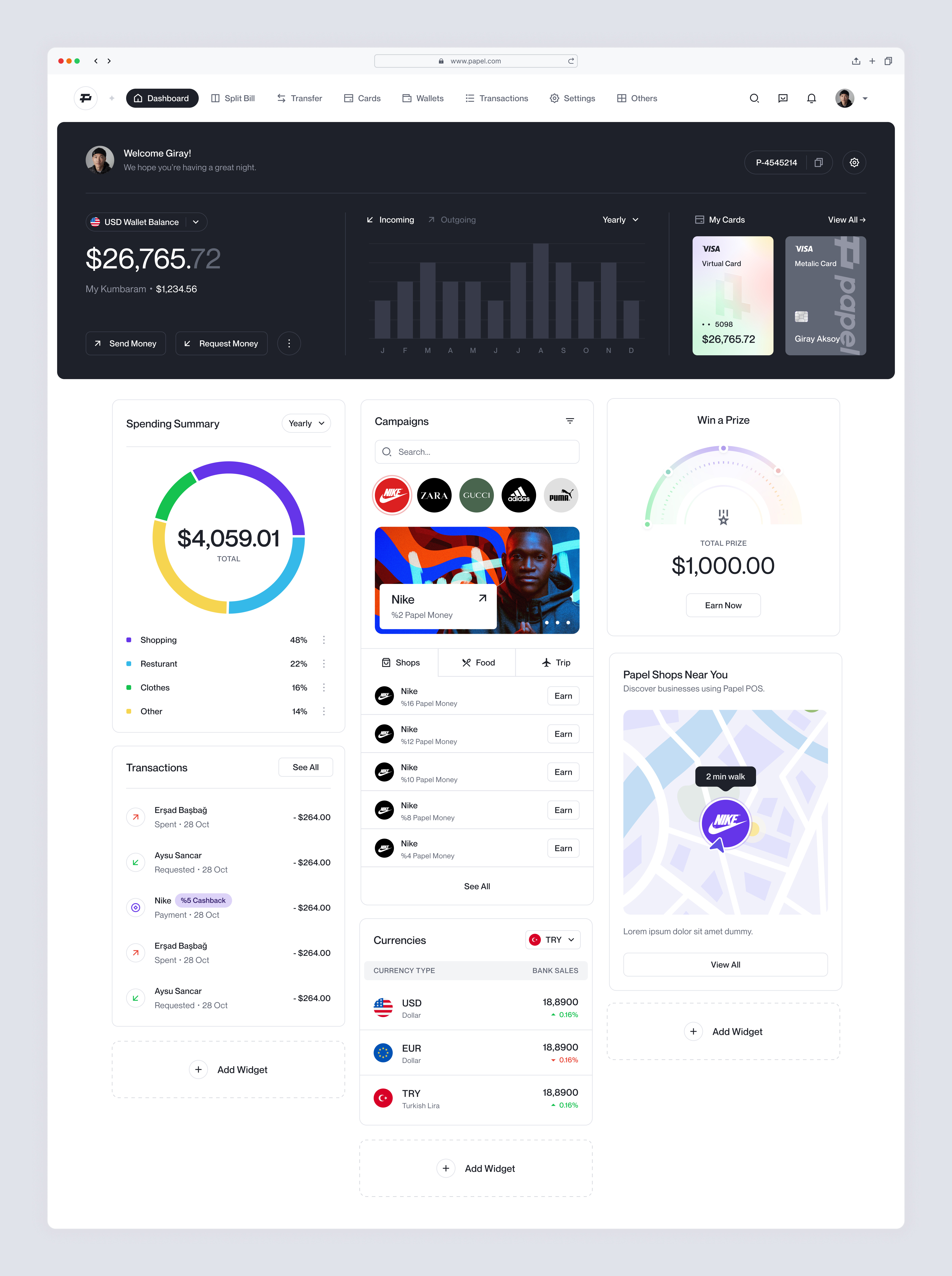 Papel: Web App bank banking campaigns credit cards dashboard desktop digital banking exchange fintech fintech dashboard insurance message payment personal finance saas spending summary split bill transaction ui user interface