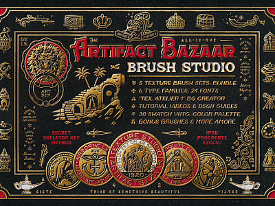 Artifact Bazaar Brush Studio antiques artifact bazaar artifacts brush sale design brushes ephemera gold effect gold foil icon sets illustrations ipad art line art paper backgrounds paper brushes quirky fonts retro texture brushes tutorials unique fonts vintage