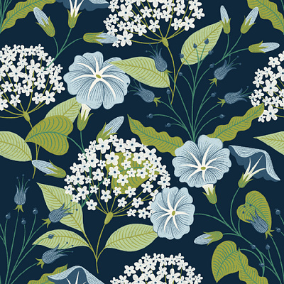 Blue & Green Florals blue botanical fabric design floral green illustration spring surface design wallpaper