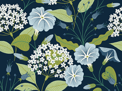 Blue & Green Florals blue botanical fabric design floral green illustration spring surface design wallpaper