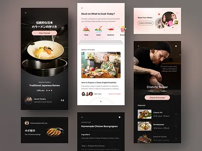 Cooking Teaching App app app design card class cooking course dark food health list mobile mobile app mobile design post rate restaurant share social media teaching tutorial