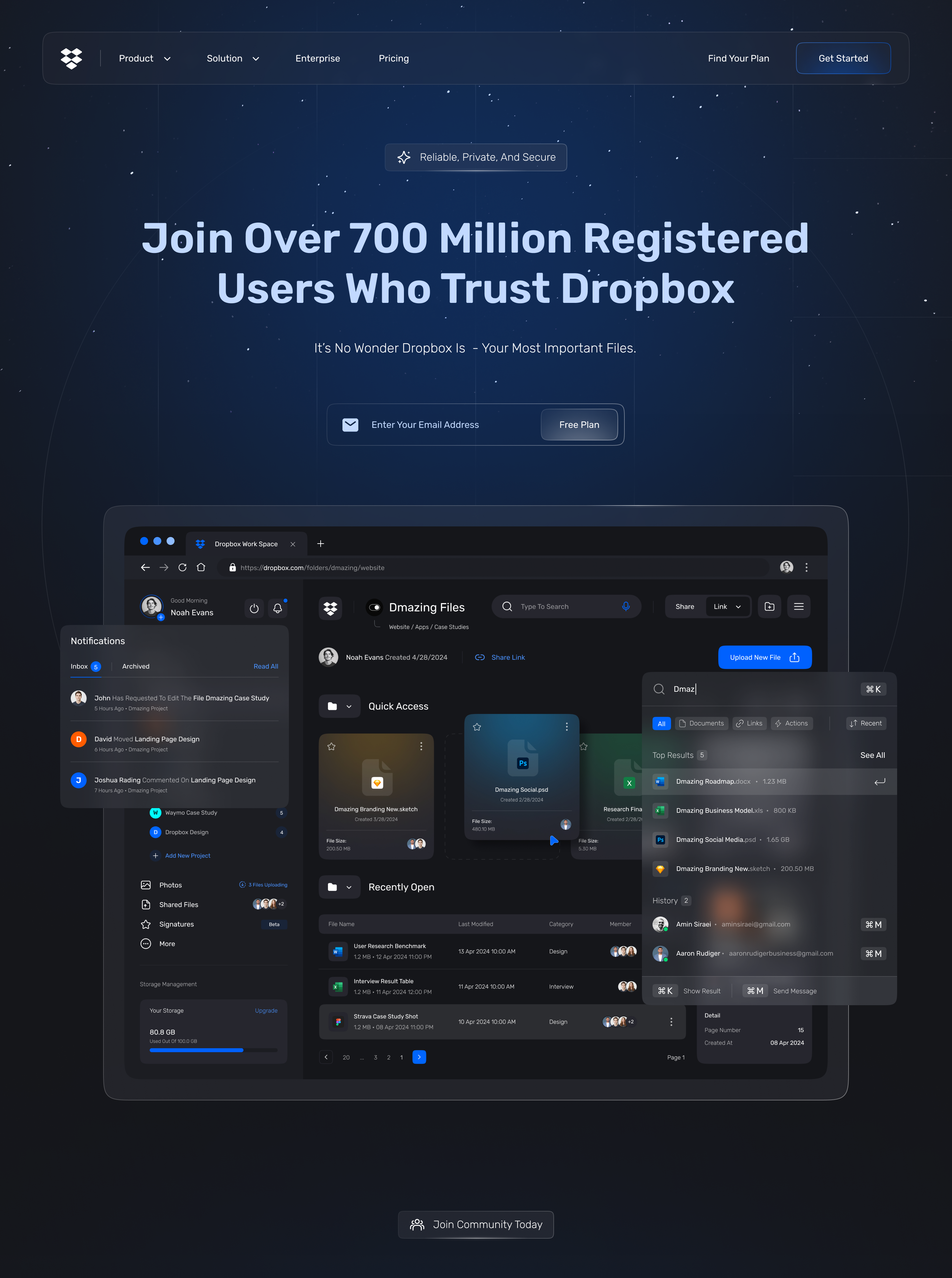 Dropbox Landing Page Redesign bento blur cloud drive dropbox glass interactiondesign interactive landingpage microinteractions motion ui
