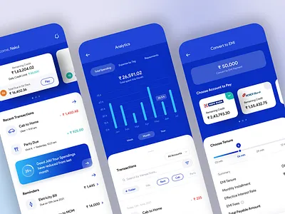 Wallet Application Design blue cards clean filter graph onboarding profile search tabs transaction history ui ux wallet application