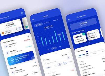 Wallet Application Design blue cards clean filter graph onboarding profile search tabs transaction history ui ux wallet application