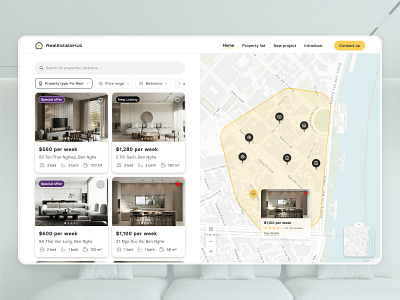 Modern Real Estate Web Interface with Interactive Map interactivemap moderndesign propertlisting property realestate ui ux