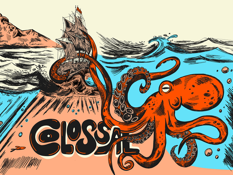 Octopus Illustration for Alaska Brewery alaska animal beer label boat colossal creature drawing fish gigantic illustration illustration art lettering octopus packaging pen and ink sea ship sketch tentacle water