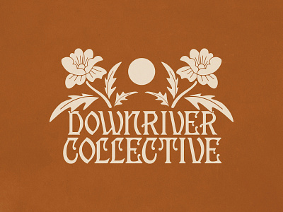 Downriver Collective badge band collective design downriver flower font handmade illustration lettering merch music plant shirt stamp sun texture type typography