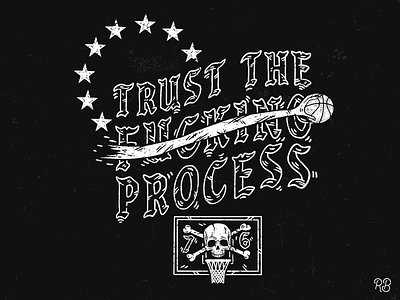 Trust The F'n Process (B&W) basketball grunge hand drawn illustration lettering skull sports texture typography